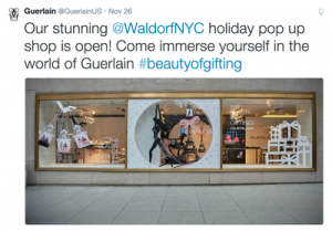 Tweet di Guerlain per il loro pop up store al Waldorf Hotel di NYC